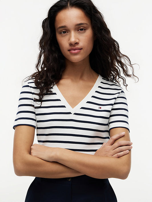 Flag Embroidery Slim V-Neck T-Shirt