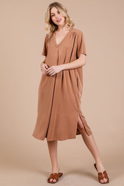 Ces Femme Midi-Kleid mit Seitenschlitz, kurzen Ärmeln und Taschen