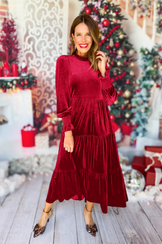 Maxikleid mit langen Ärmeln aus Samt in Huntergrün