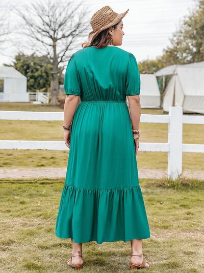 Große Größen V-Ausschnitt Kurzarm Rüschensaum Kleid