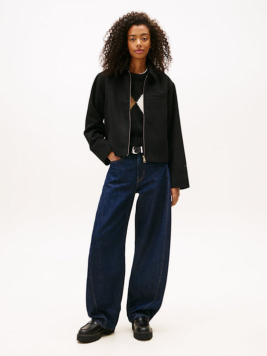 Collared Zip-Thru Wool Blend Twill Jacket
