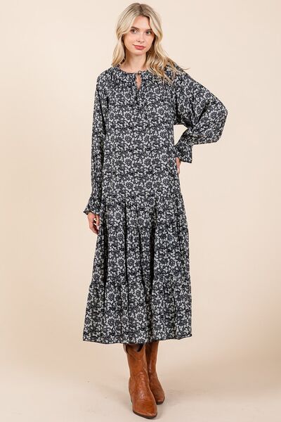 Mittoshop bedrucktes Midi-Kleid mit Bindekragen und Volantärmeln