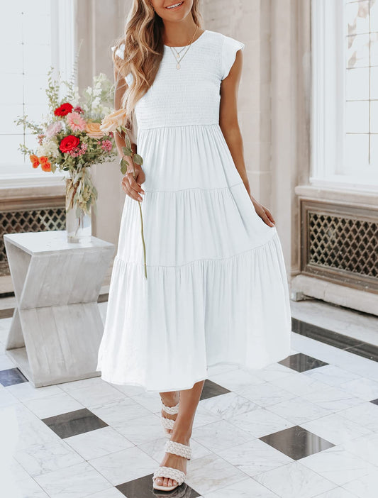 Damen Sommer Freizeit Rüschenärmel Midikleid