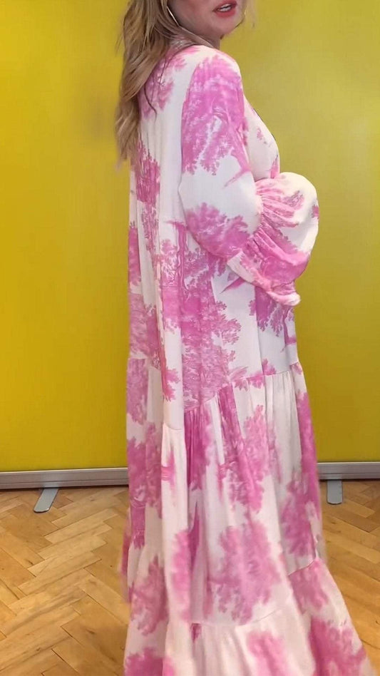 Damen-Sommerkleid mit V-Ausschnitt und Waldmuster Maxikleid