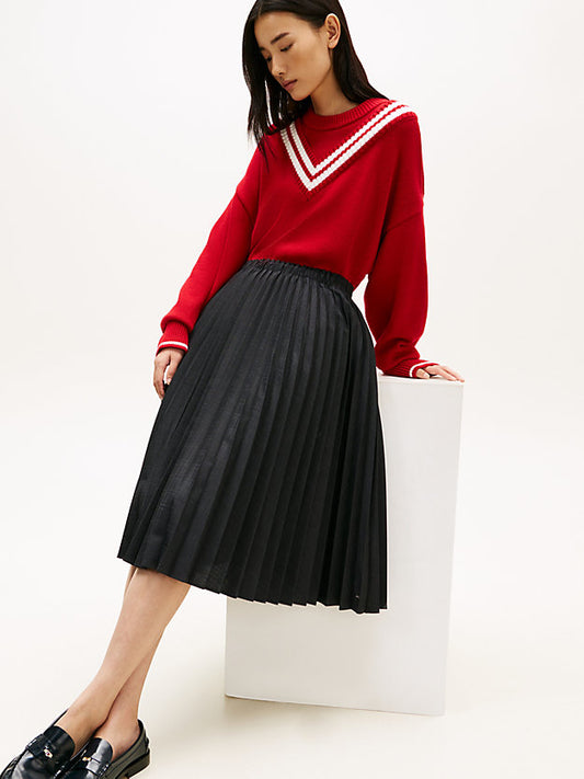 Pleated Check Wool Blend Midi Skirt