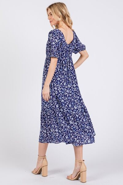 Robe midi fleurie à col carré et manches bouffantes pour femme