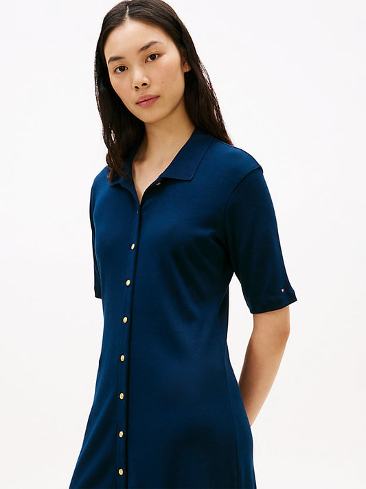 Gold-Tone Button Midi Polo Dress