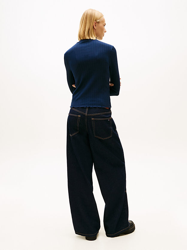 Ruffle Ribbed Slim Mock Neck Top