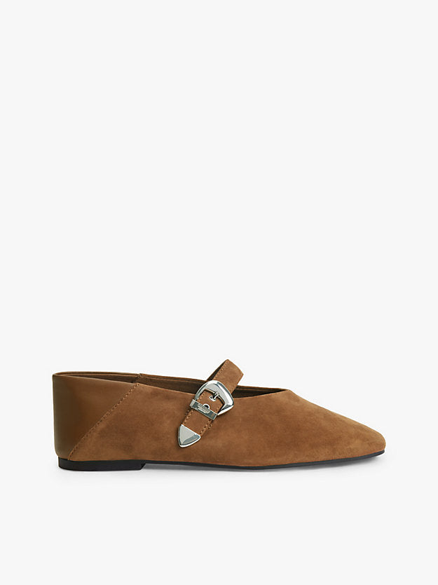Suede Buckle Square Toe Ballerinas