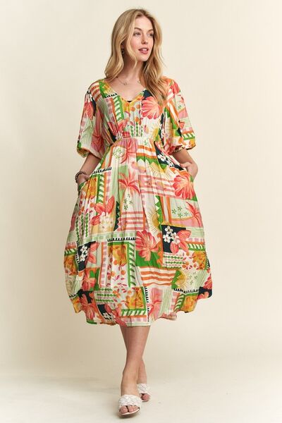 Robe midi ADORA à encolure en V et manches bouffantes à motif floral