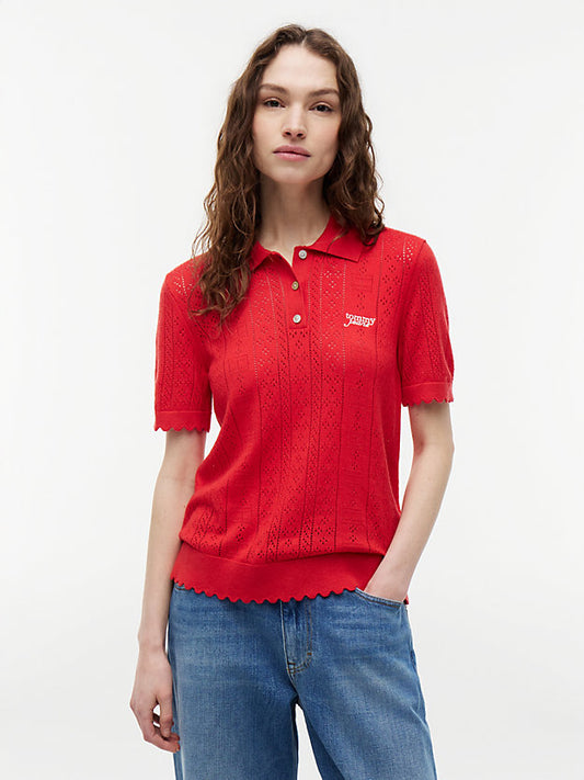 Pointelle Flag Short Sleeve Polo Jumper