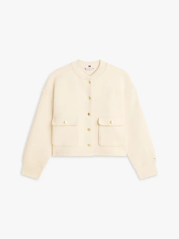 Gold-Tone Button Interlock Knit Relaxed Cardigan