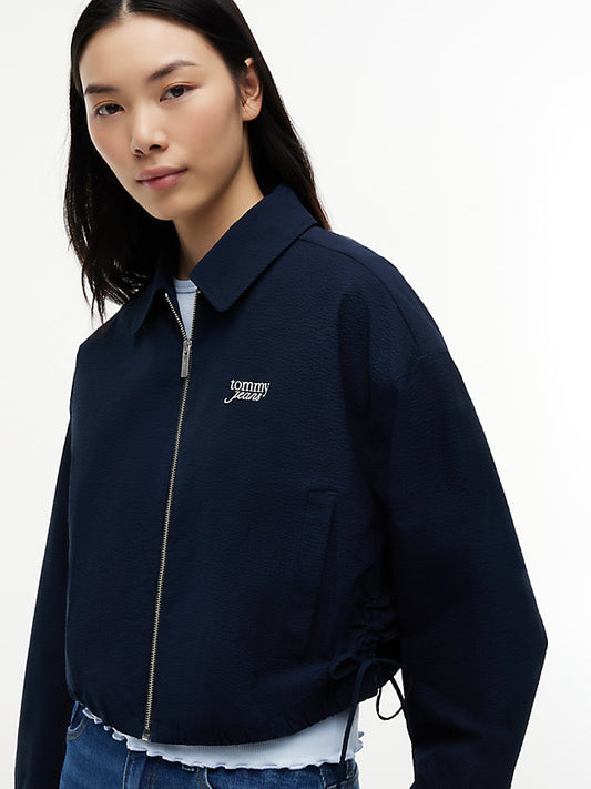 Seersucker Drawstring Hem Relaxed Coach Jacket