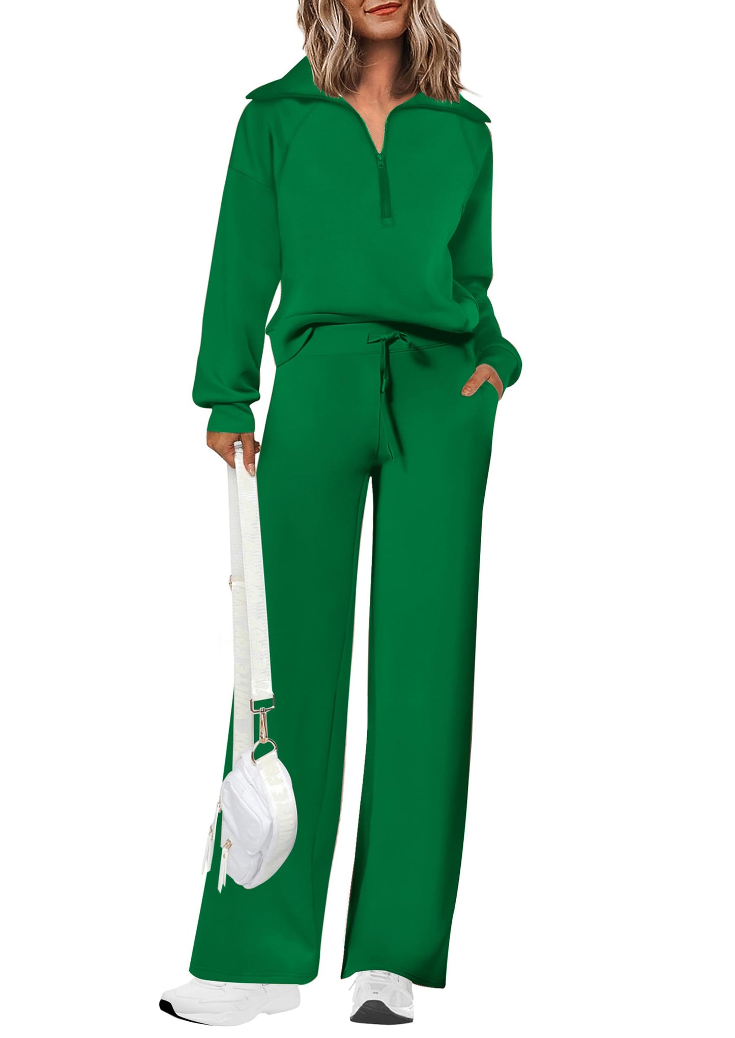 Ensembles deux pièces en coton pour femmes, sweat-shirt à col revers et demi-zip, pantalon de survêtement large, tenue décontractée