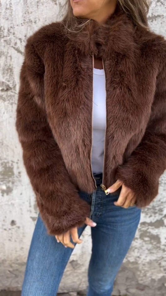 Damen High Collar Pelz-Reißverschluss Freizeitjacke