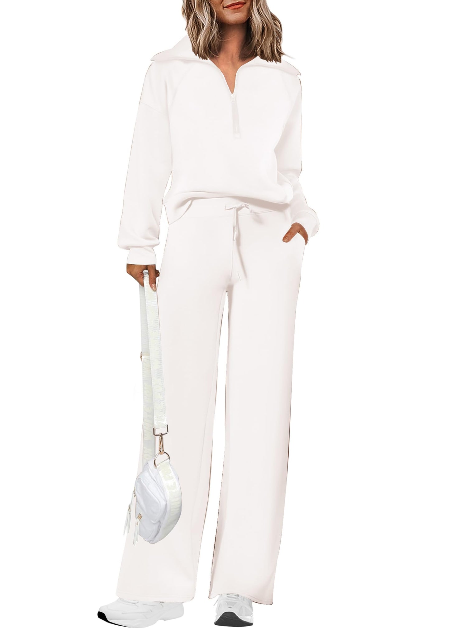 Ensembles deux pièces en coton pour femmes, sweat-shirt à col revers et demi-zip, pantalon de survêtement large, tenue décontractée