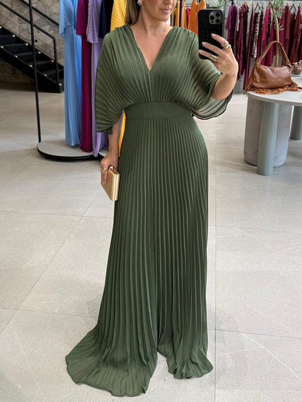 NOUVEAU🔥 Robe en mousseline à encolure en V avec fermeture éclair et manches chauve-souris à nouer dans le dos - Hors taxes