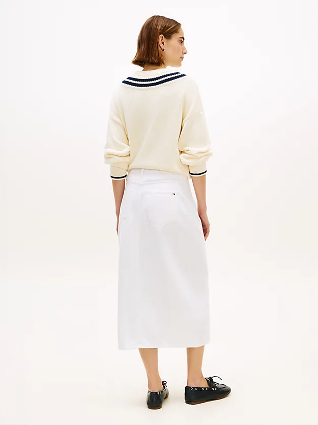 Gold-Tone Button White Denim Midi Skirt