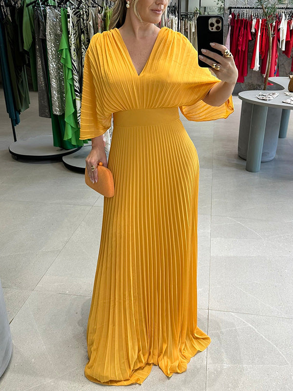 NOUVEAU🔥 Robe en mousseline à encolure en V avec fermeture éclair et manches chauve-souris à nouer dans le dos - Hors taxes