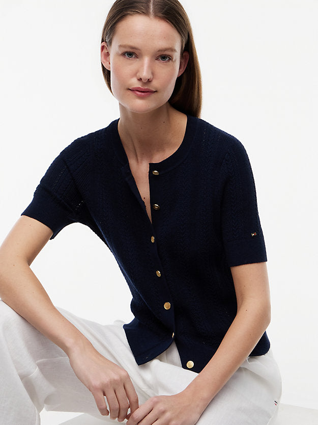 Pointelle Gold-Tone Button Short Sleeve Cardigan
