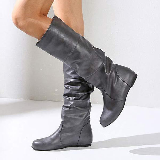 Damen-High-Top-Stiefel mit Falten, flach, für Herbst und Winter
