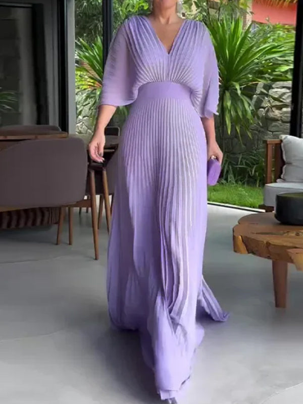 NOUVEAU🔥 Robe en mousseline à encolure en V avec fermeture éclair et manches chauve-souris à nouer dans le dos - Hors taxes