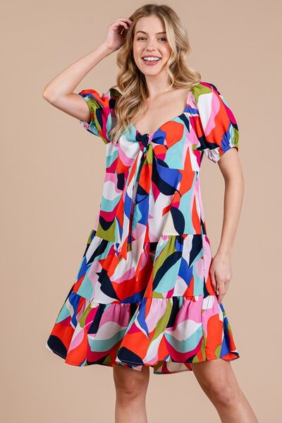 Robe Femme Imprimé Abstrait Col Cœur Manches Bouffantes