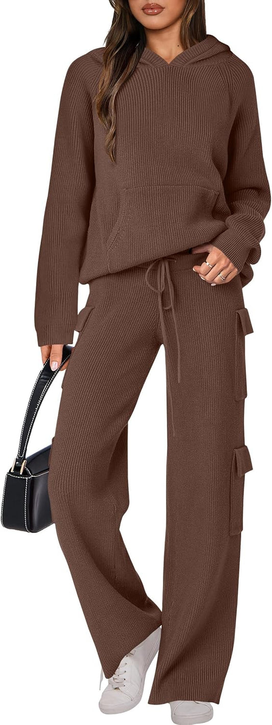 🎄Weihnachts-SALE 🔥 Zweiteilige Outfits für Damen Lässiger Kapuzenpullover Strick Gerades Bein Hosen-Set