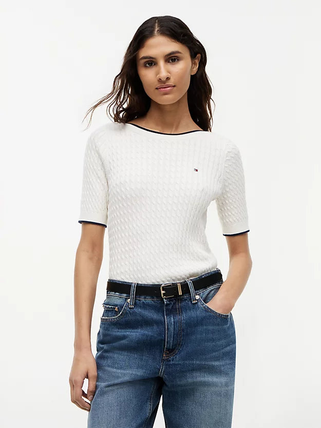 Cable Knit Boat Neck Short Sleeve Jumper
