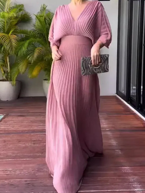 NOUVEAU🔥 Robe en mousseline à encolure en V avec fermeture éclair et manches chauve-souris à nouer dans le dos - Hors taxes