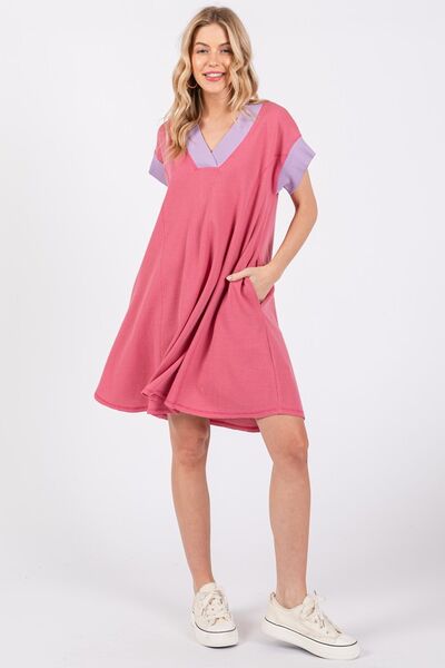 Robe Femme Col V Manches Courtes Bordure Contrastante