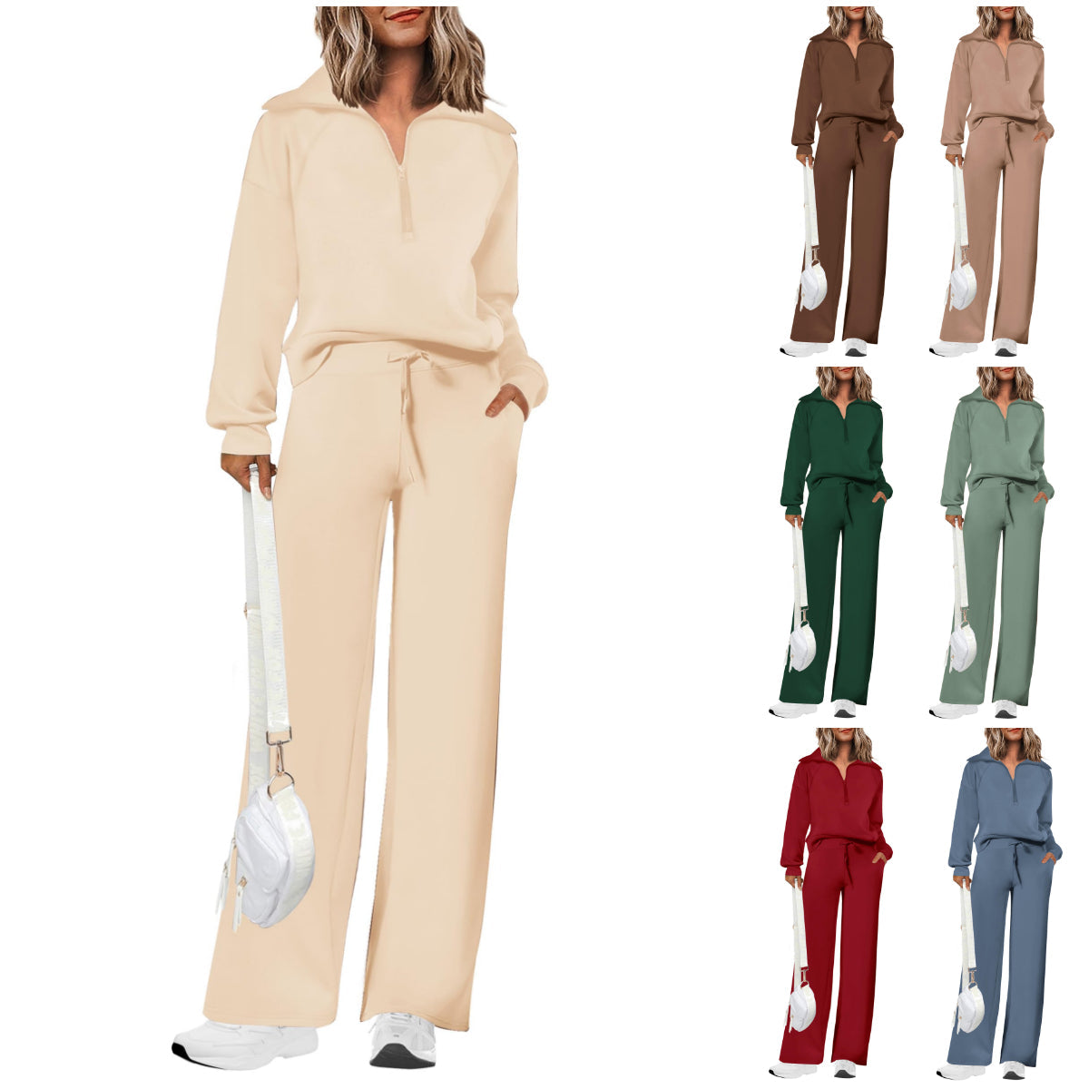 Ensembles deux pièces en coton pour femmes, sweat-shirt à col revers et demi-zip, pantalon de survêtement large, tenue décontractée