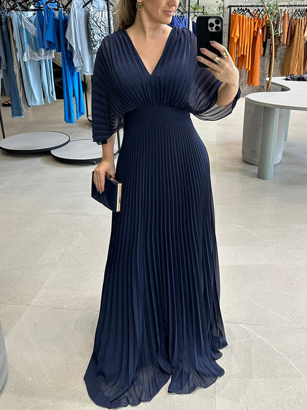 NOUVEAU🔥 Robe en mousseline à encolure en V avec fermeture éclair et manches chauve-souris à nouer dans le dos - Hors taxes