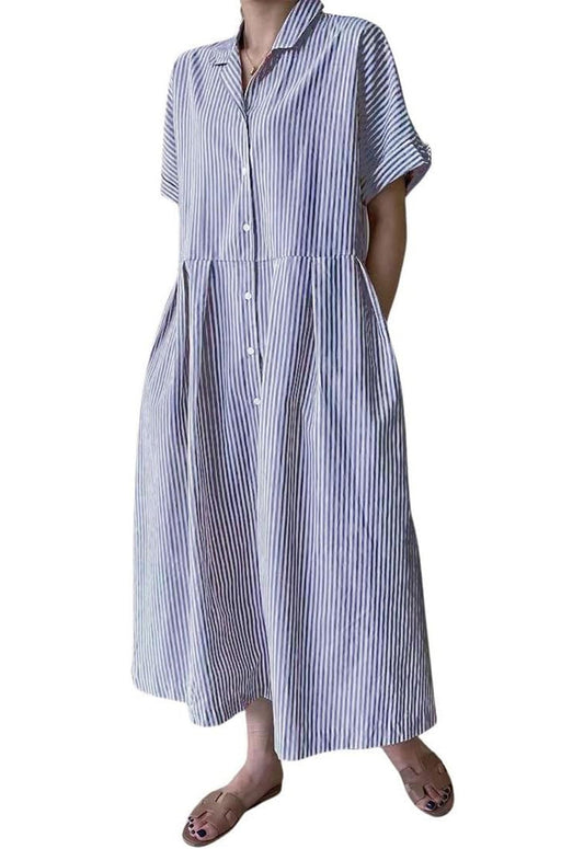 Damen Baumwoll-Streifenhemdkleid Durchgeknöpft Kurzarm Midi Langes Shiftkleid mit Taschen (Beim Kauf von 2 kostenfreier Versand)