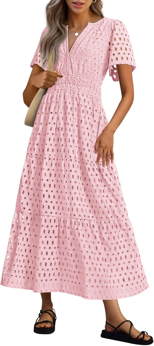 NEU 🔥Damen 2025 Sommer Maxikleid Kurzarm V-Ausschnitt Aushöhlung Ösen A-Linien-Kleider