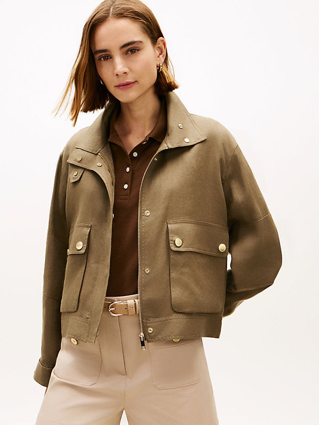 Gold-Tone Button Pure Linen Utility Jacket