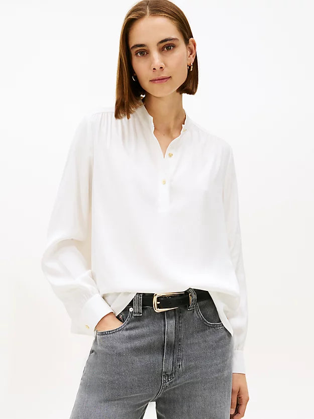 Gold-Tone Button Relaxed Twill Blouse