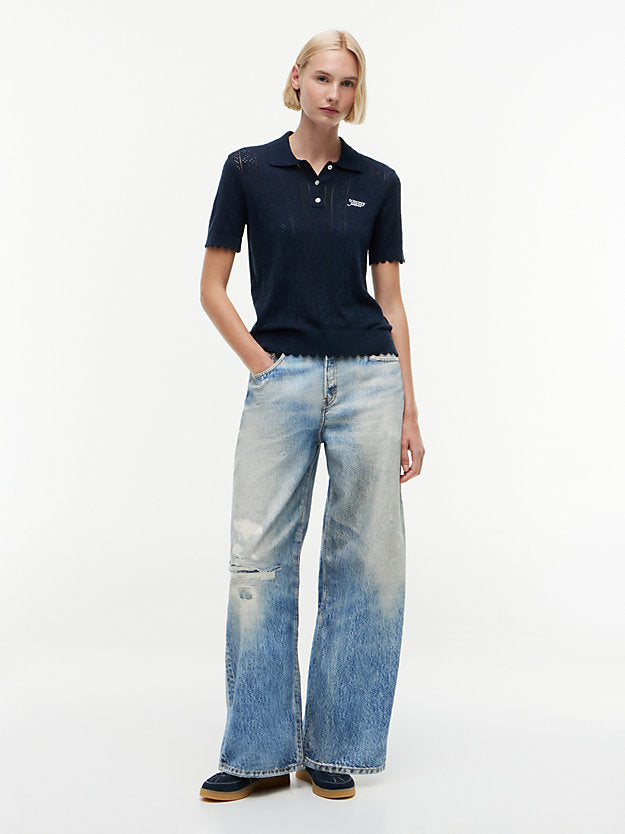 Distressed Mid Rise Loose Wide Leg Jeans