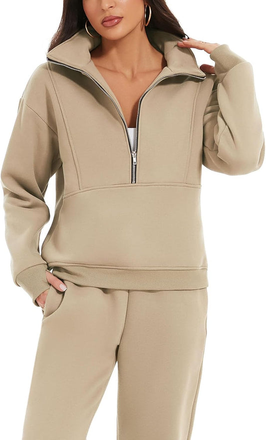 NEU🔥Damen 2-teiliges Outfit Fleece Half Zip Sweatshirt Jogger Hose Set Trainingsanzug