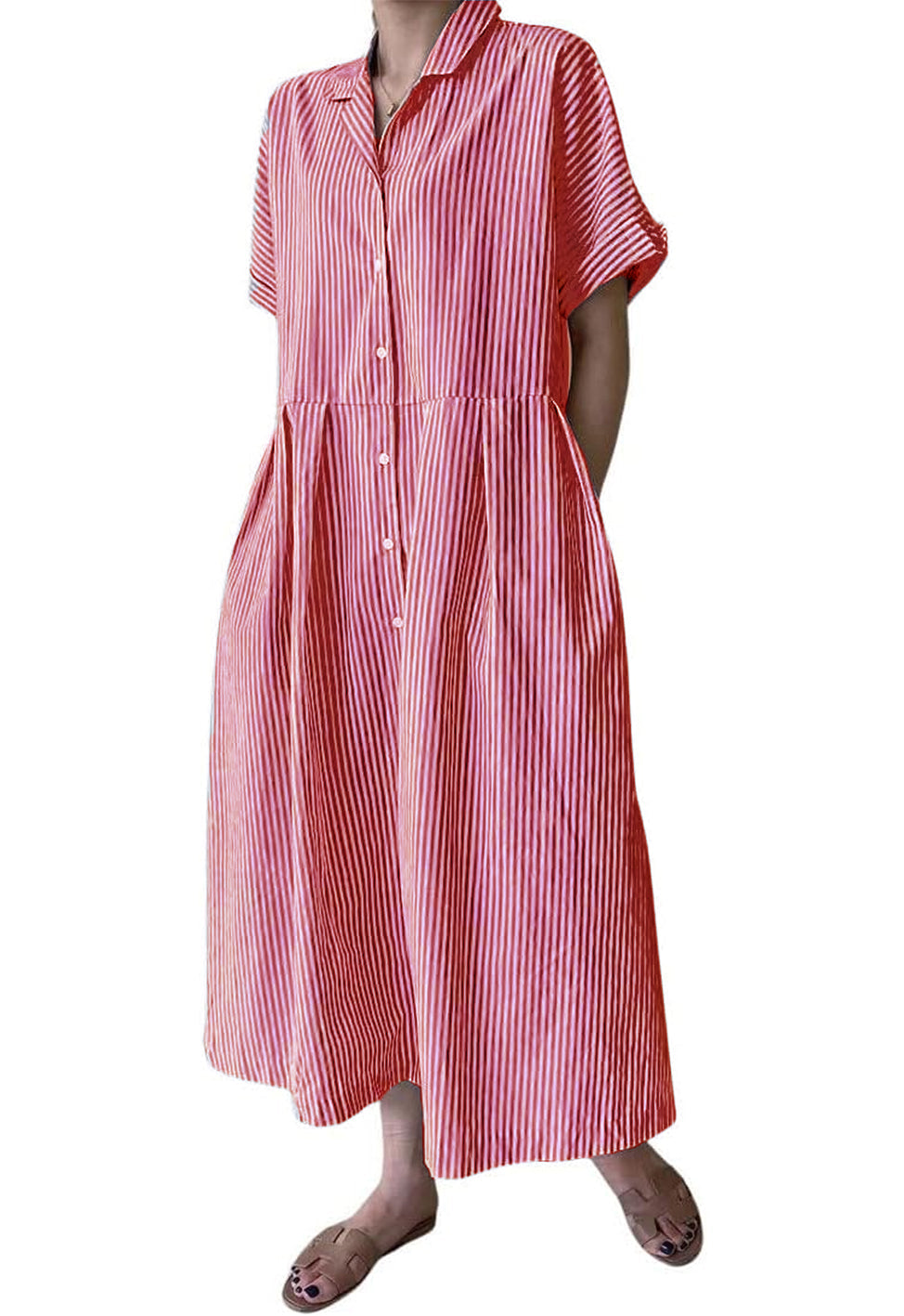 Robe chemise longue mi-longue en coton rayée à manches courtes avec poches pour femme (achetez 2, la livraison est gratuite)