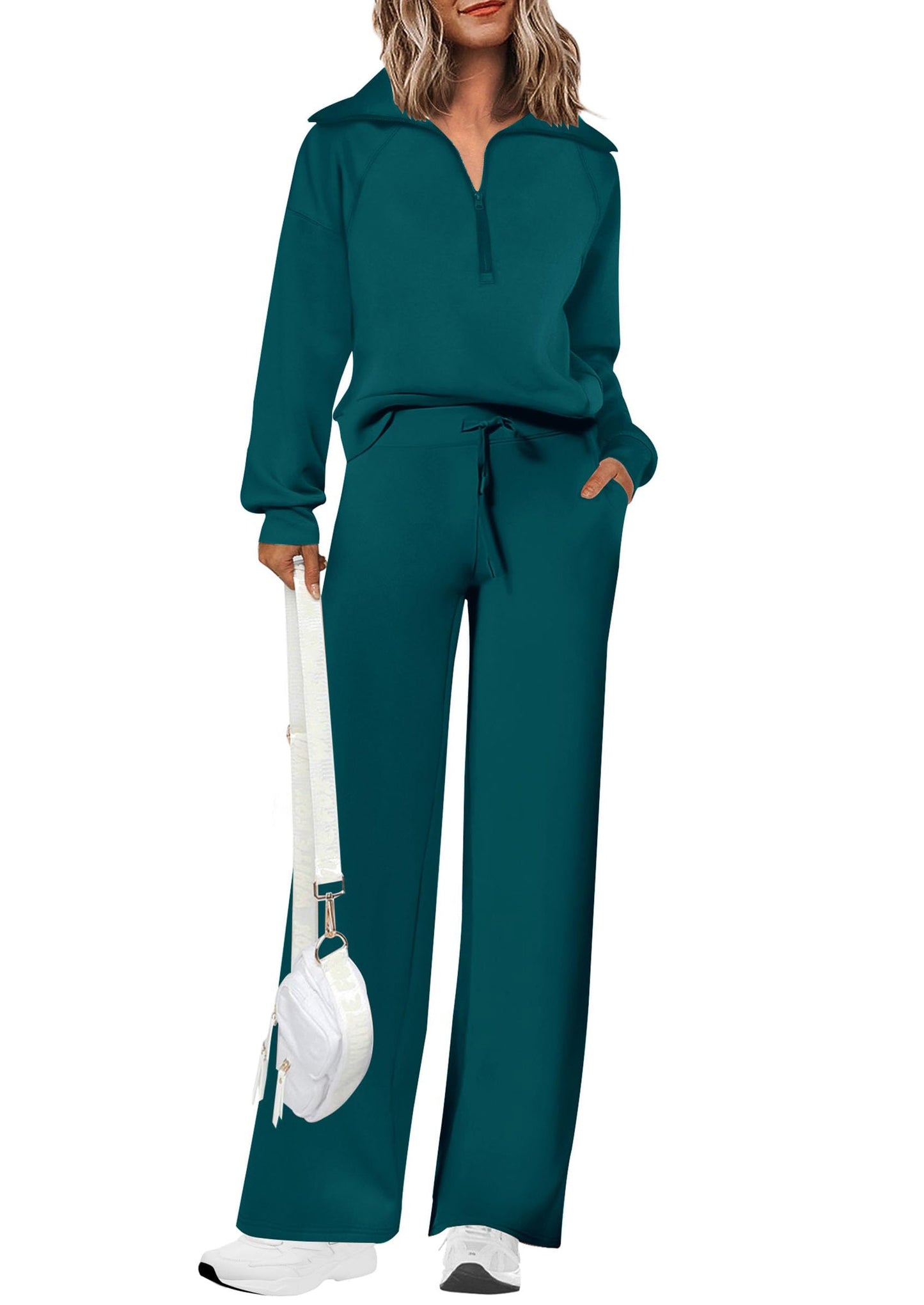 Ensembles deux pièces en coton pour femmes, sweat-shirt à col revers et demi-zip, pantalon de survêtement large, tenue décontractée