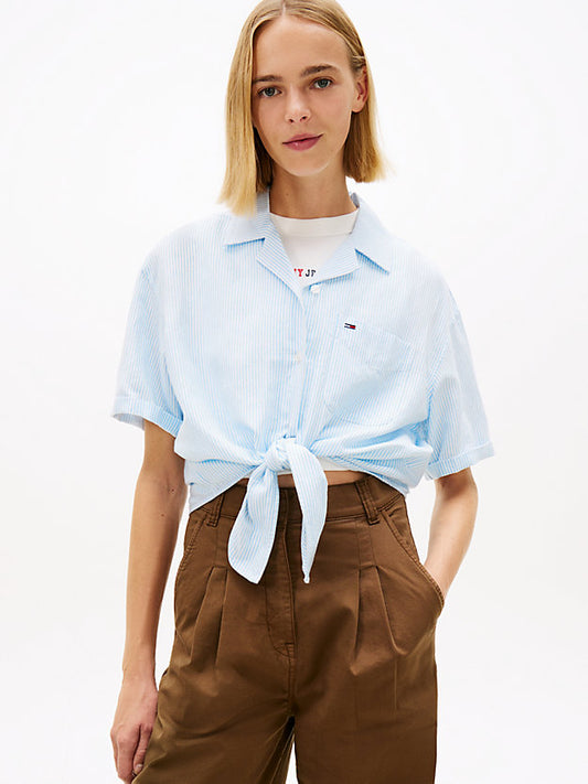 Relaxed Fit Linen Blend Tie Front Shirt