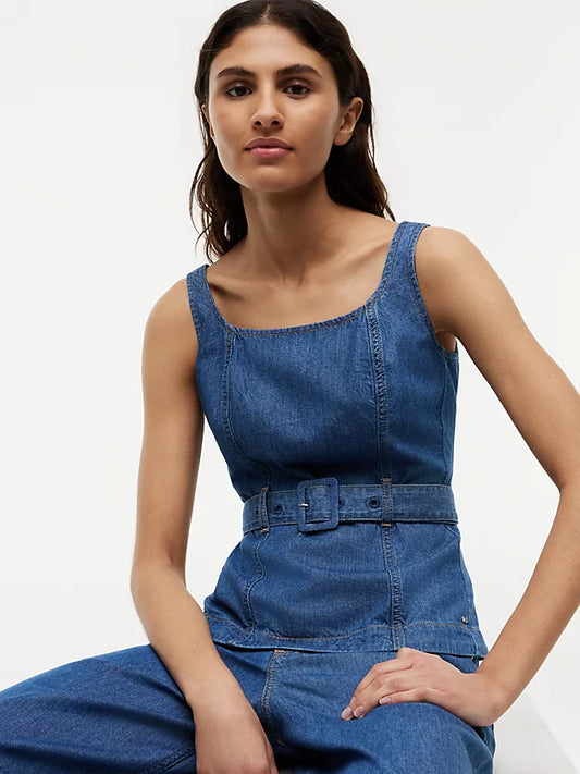 Denim Sleeveless Belted Top