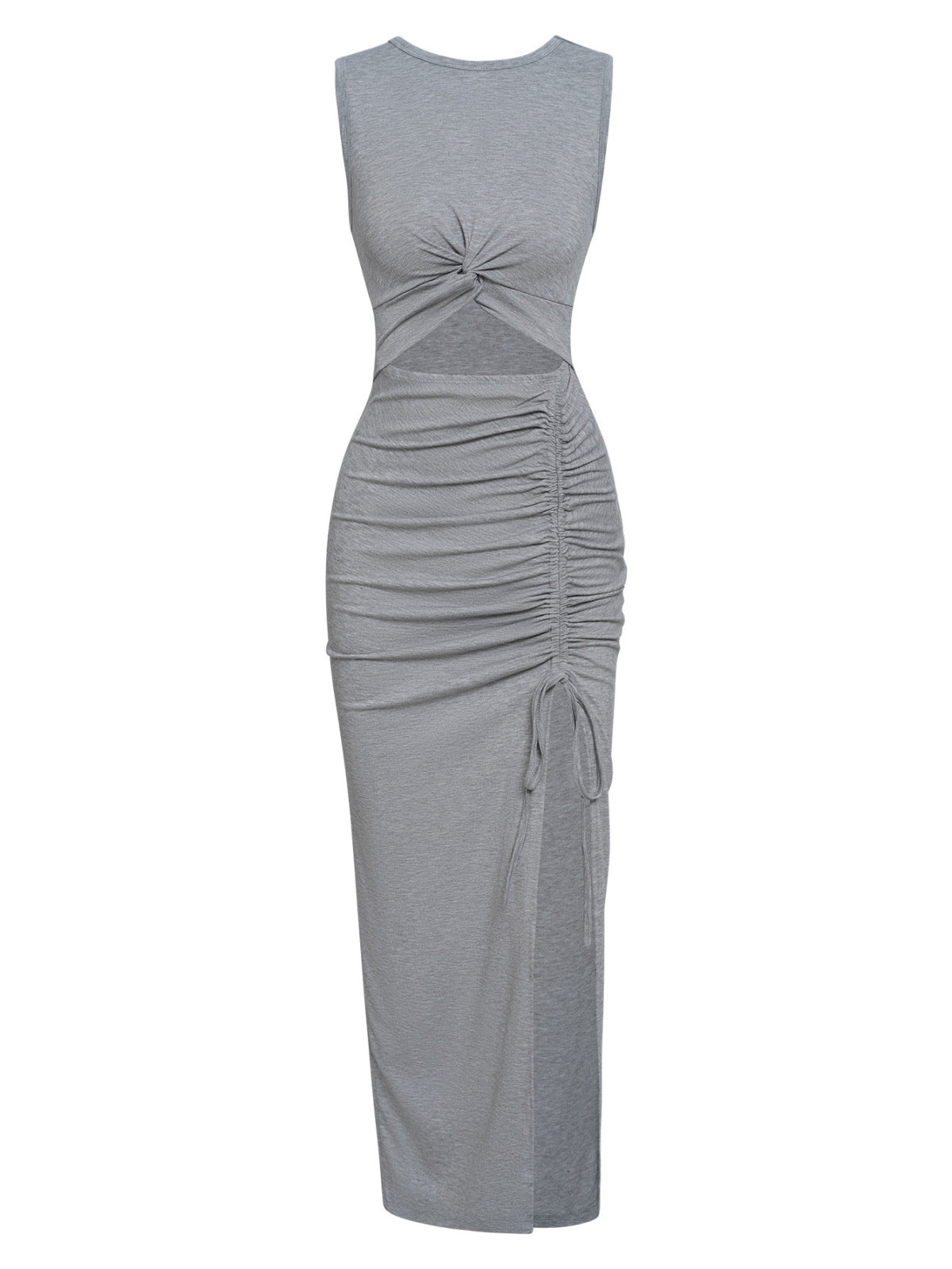 Rundhals, einfarbig, gedreht, gerafft, Kordelzug, Maxikleid