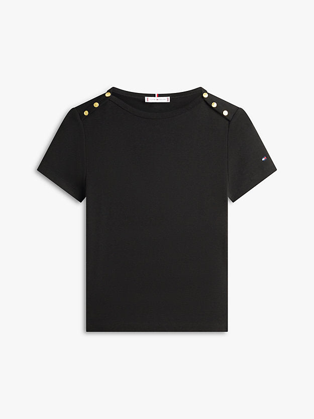 Gold-Tone Button Slim Boat Neck T-Shirt