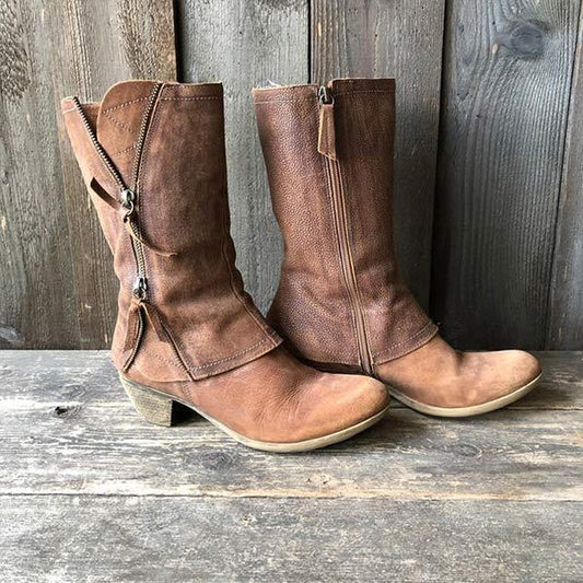 Damen-Lederstiefel mit mittelhohem Blockabsatz und seitlichem Reißverschluss