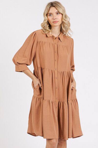 Mittoshop Hemd-Kleid mit Stufenrock, Hemdkragen und Knopf-Detail