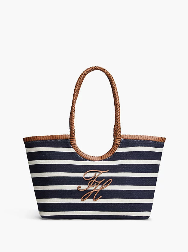 Stripe Textured Logo Tote Bag