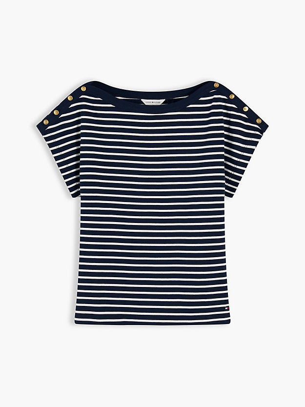 Gold-Tone Button Boat Neck T-Shirt