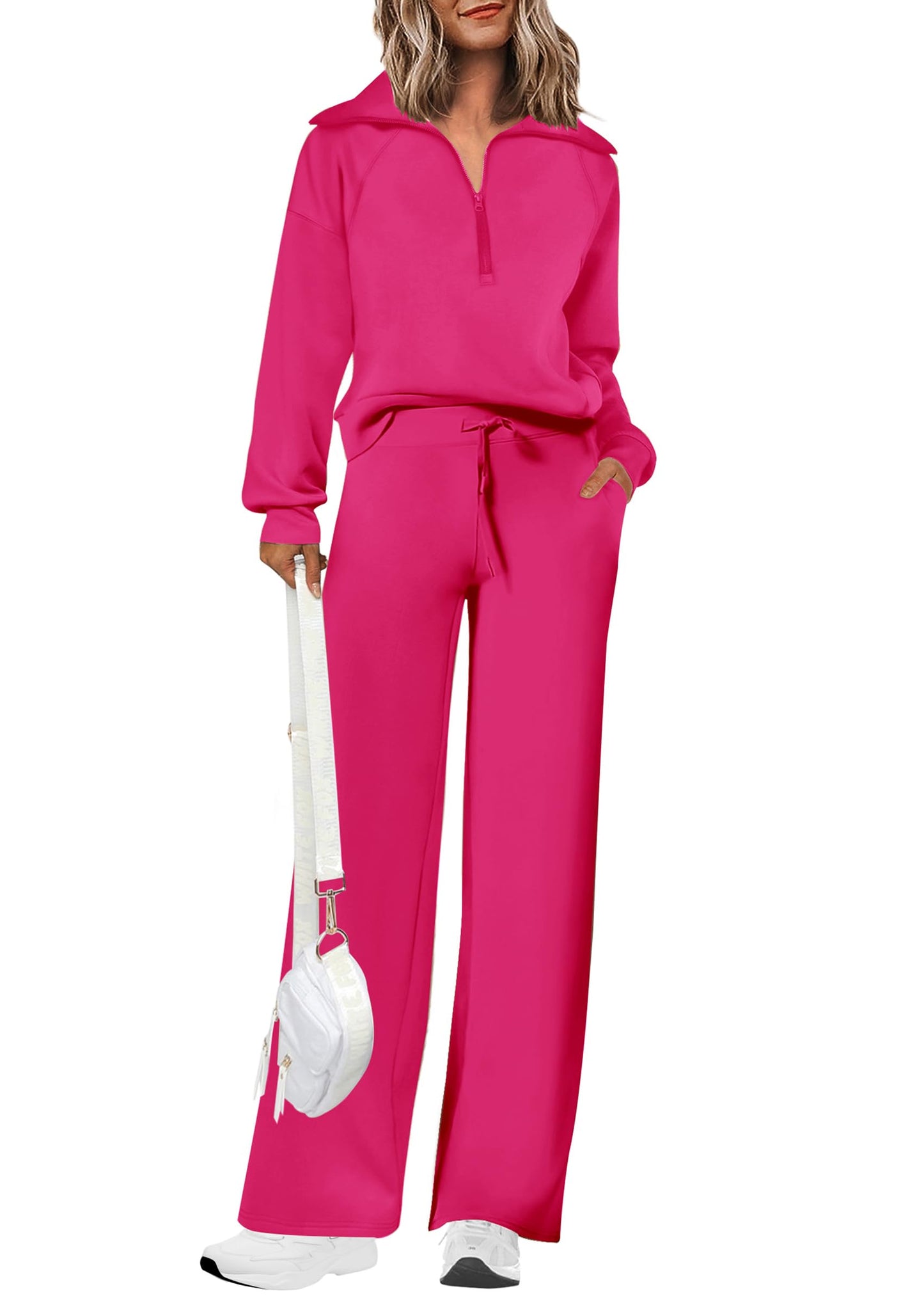 Ensembles deux pièces en coton pour femmes, sweat-shirt à col revers et demi-zip, pantalon de survêtement large, tenue décontractée